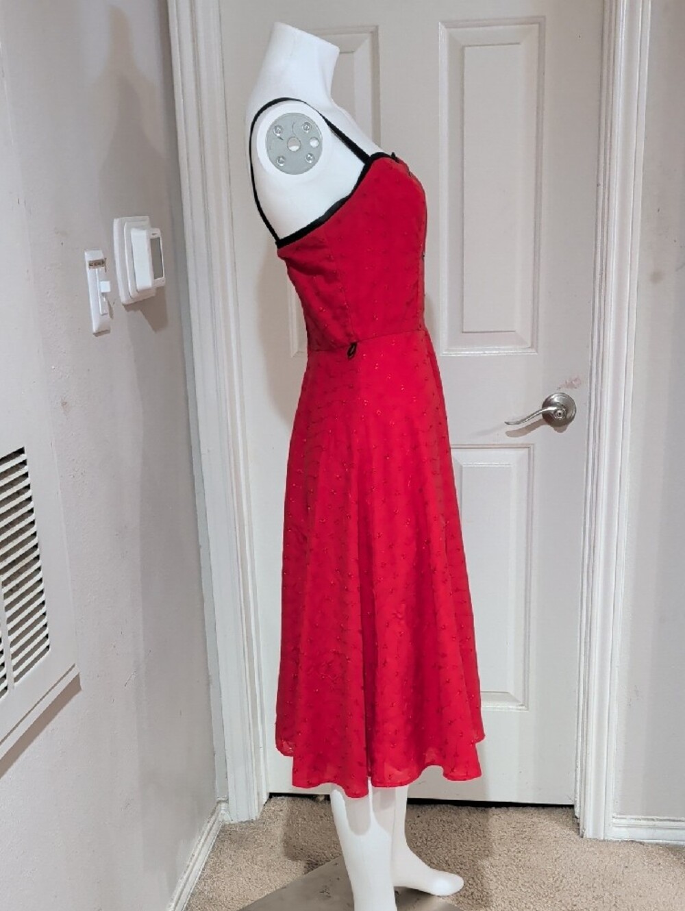 Vintage Stop Staring Red Fit-and-Flare Midi Dress w/ Black Trim Retro Women's M - Picture 4 of 9